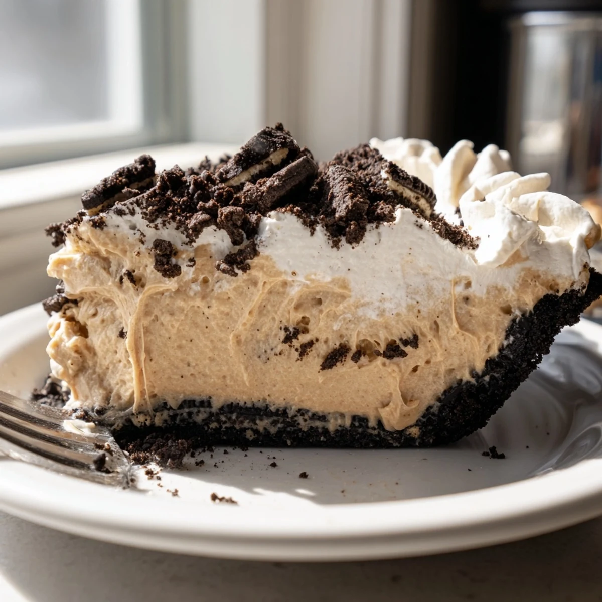 Silky peanut butter Oreo pie sliced to reveal rich creamy no-bake dessert layers