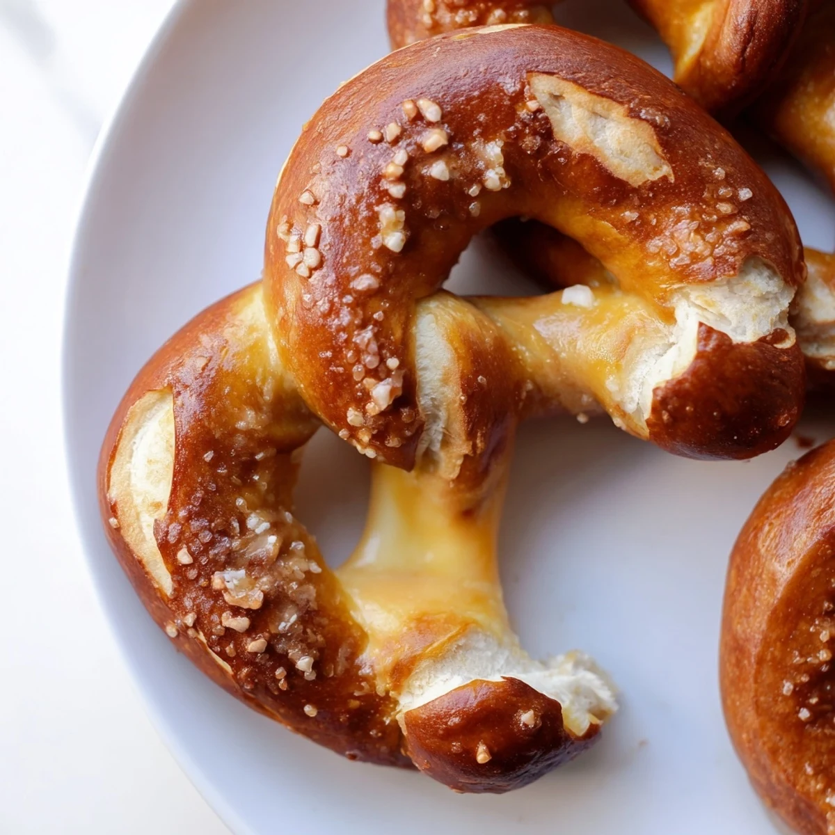 Golden mozzarella stuffed soft pretzels fresh from the oven with melted cheese centers