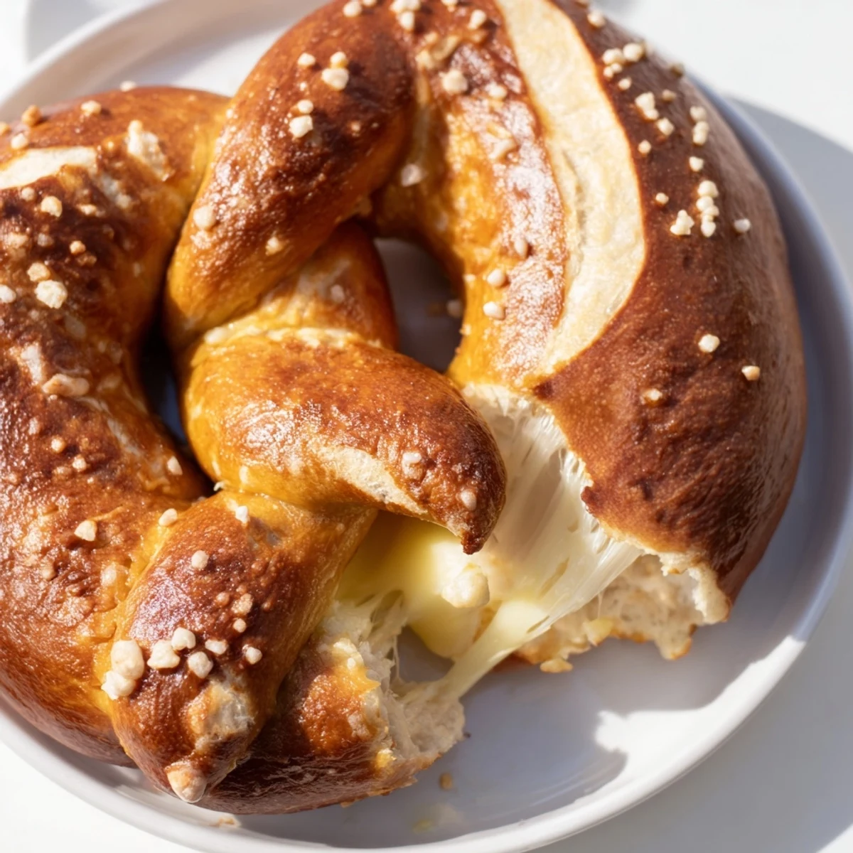 Warm mozzarella stuffed soft pretzels sprinkled with coarse salt on parchment paper