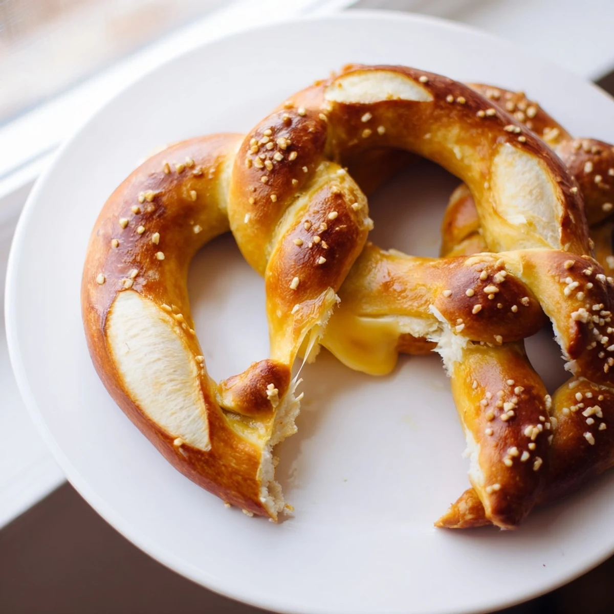 Gooey mozzarella stuffed soft pretzels brushed with butter and served with marinara