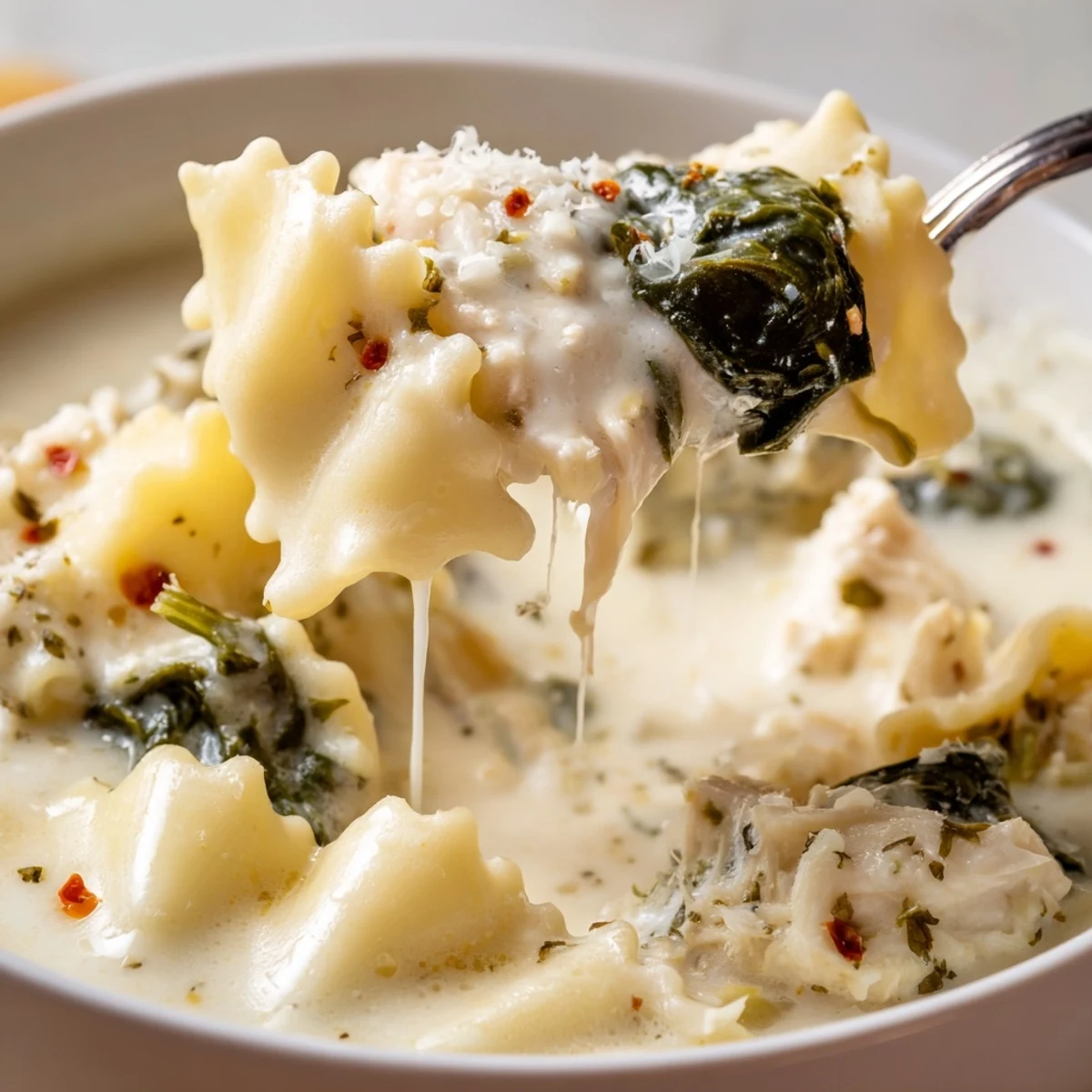 Creamy white lasagna soup in a white bowl with melted cheese and tender noodles