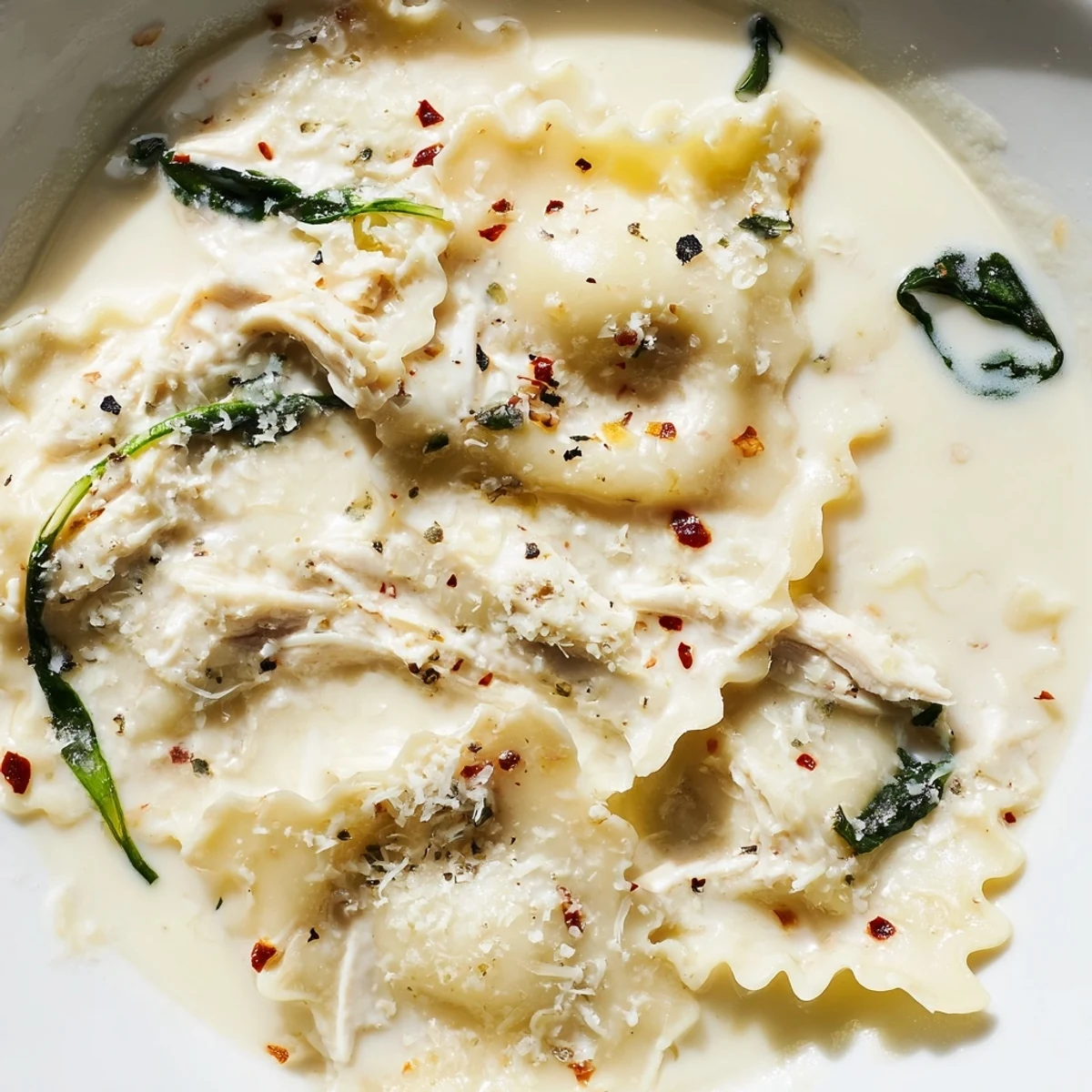 Steaming bowl of white lasagna soup topped with fresh cracked black pepper
