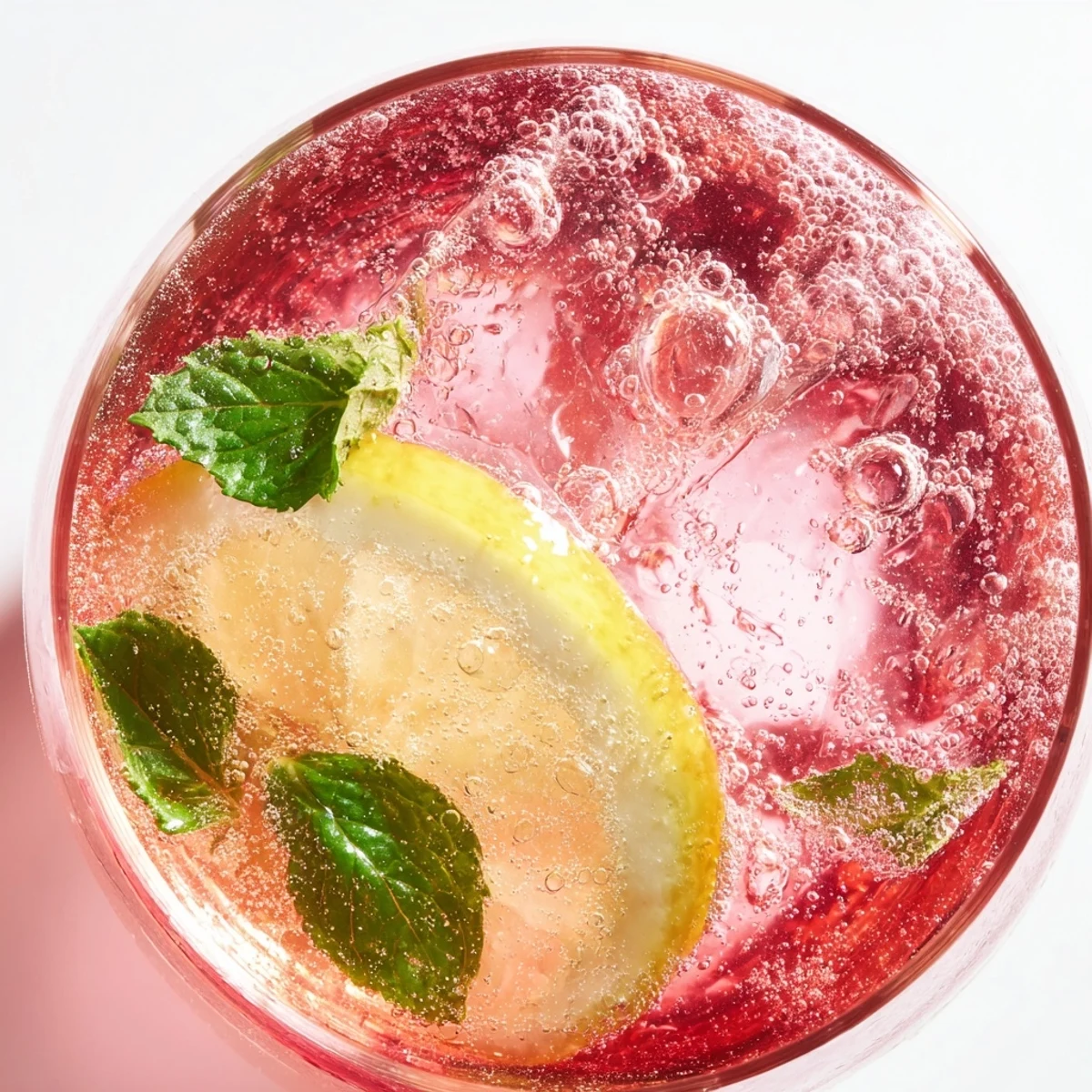 Pink honey lemon soda sparkles in ice-filled glasses garnished with fresh mint leaves