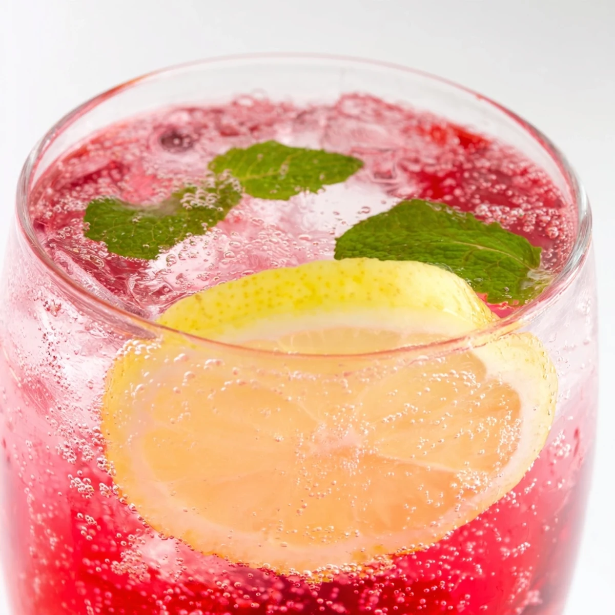 Refreshing honey lemon pink soda with bubbles rising alongside bright lemon wheel garnishes