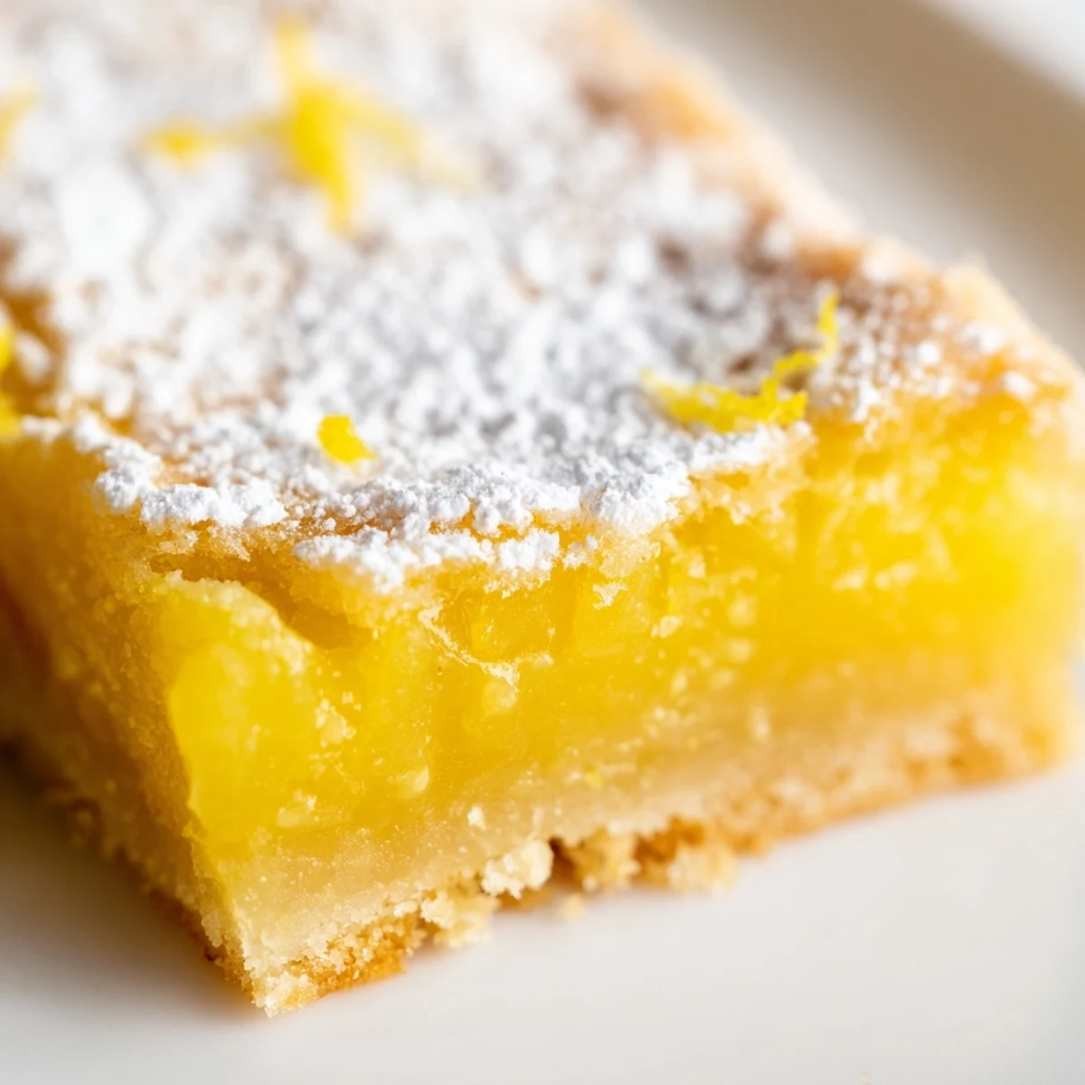 Golden lemon bars dusted with powdered sugar on a rustic white serving plate