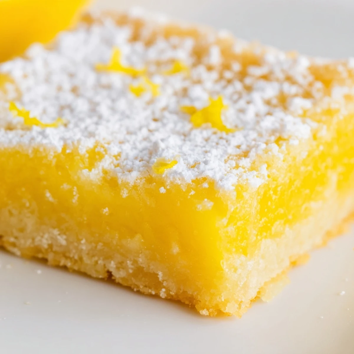 Bright yellow lemon bars topped with snowy powdered sugar on parchment paper