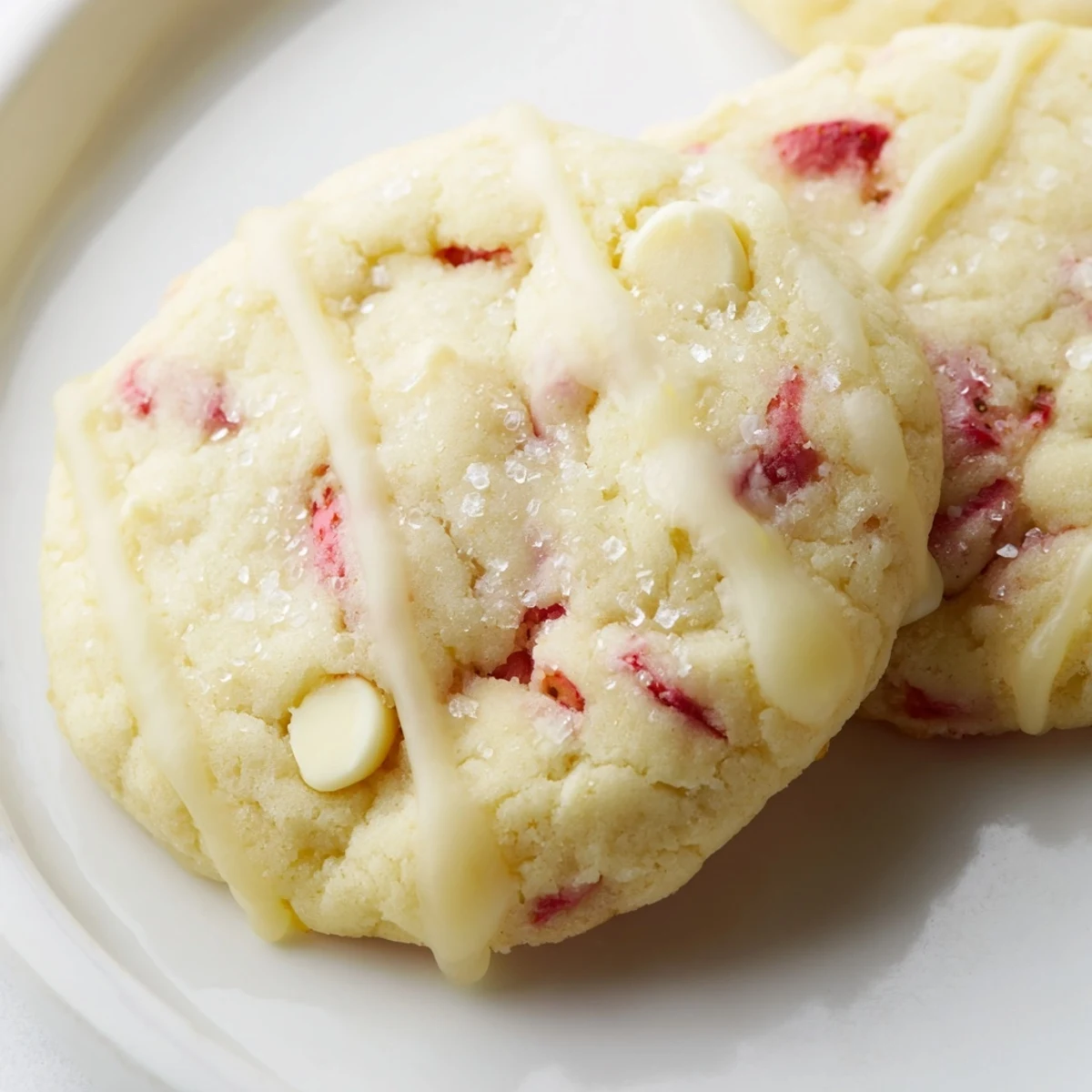 Chewy strawberry lemonade cookies with pink strawberry pieces and golden edges on a rustic plate.
