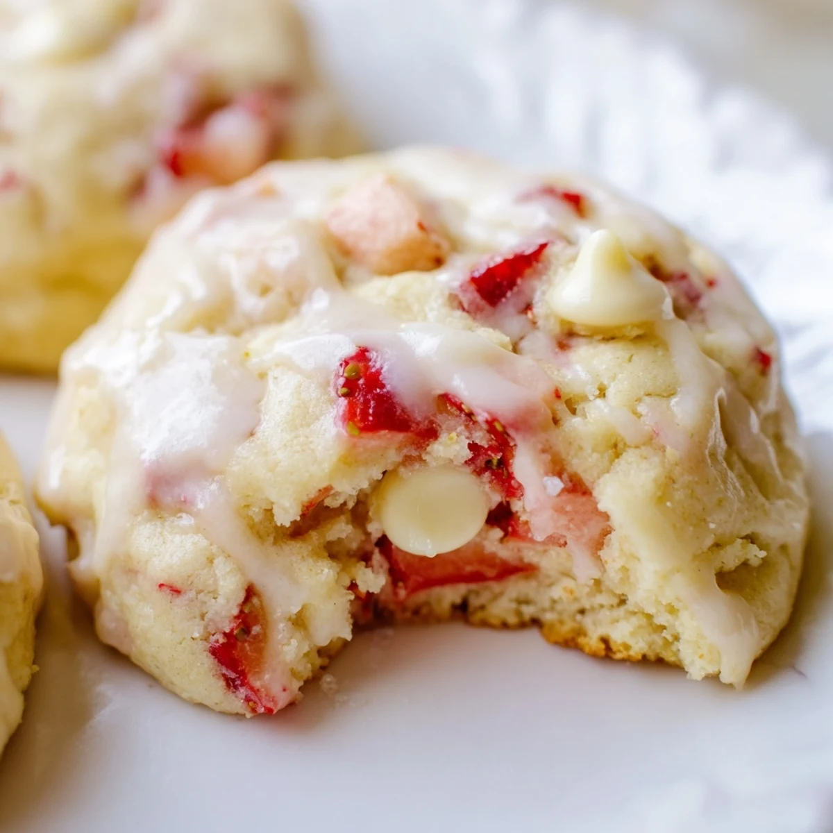 Glazed strawberry lemonade cookies topped with white chocolate chips and fresh lemon zest.