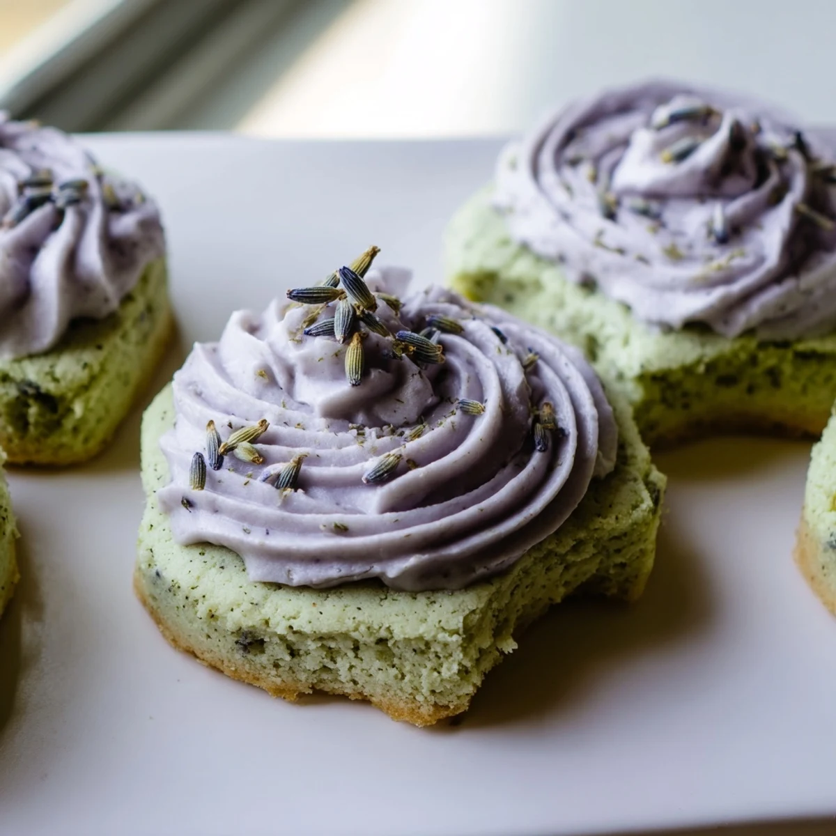 Tender matcha sugar cookies with lavender frosting swirled on top for an elegant dessert