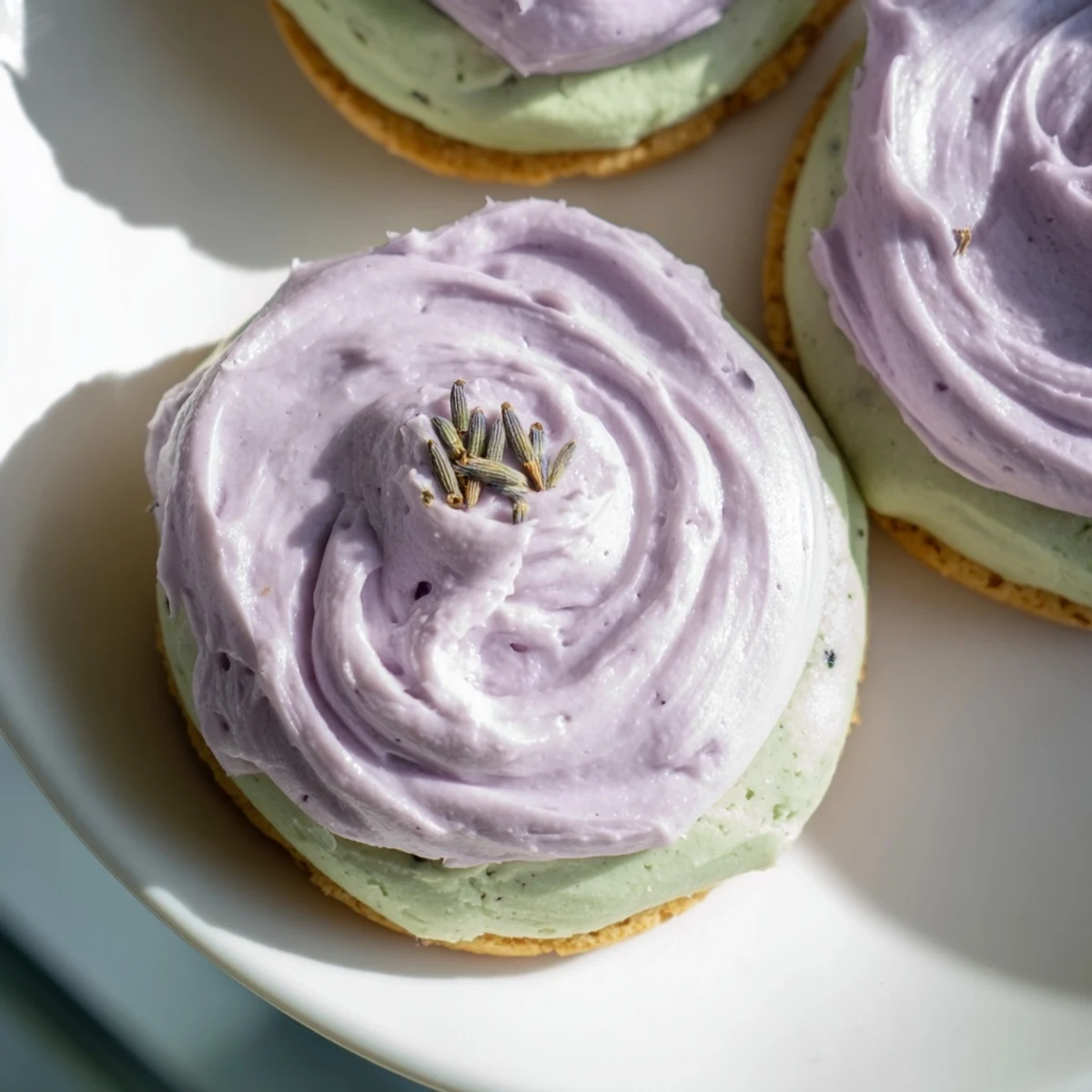 Green tea matcha sugar cookies topped with creamy purple lavender buttercream frosting on a plate
