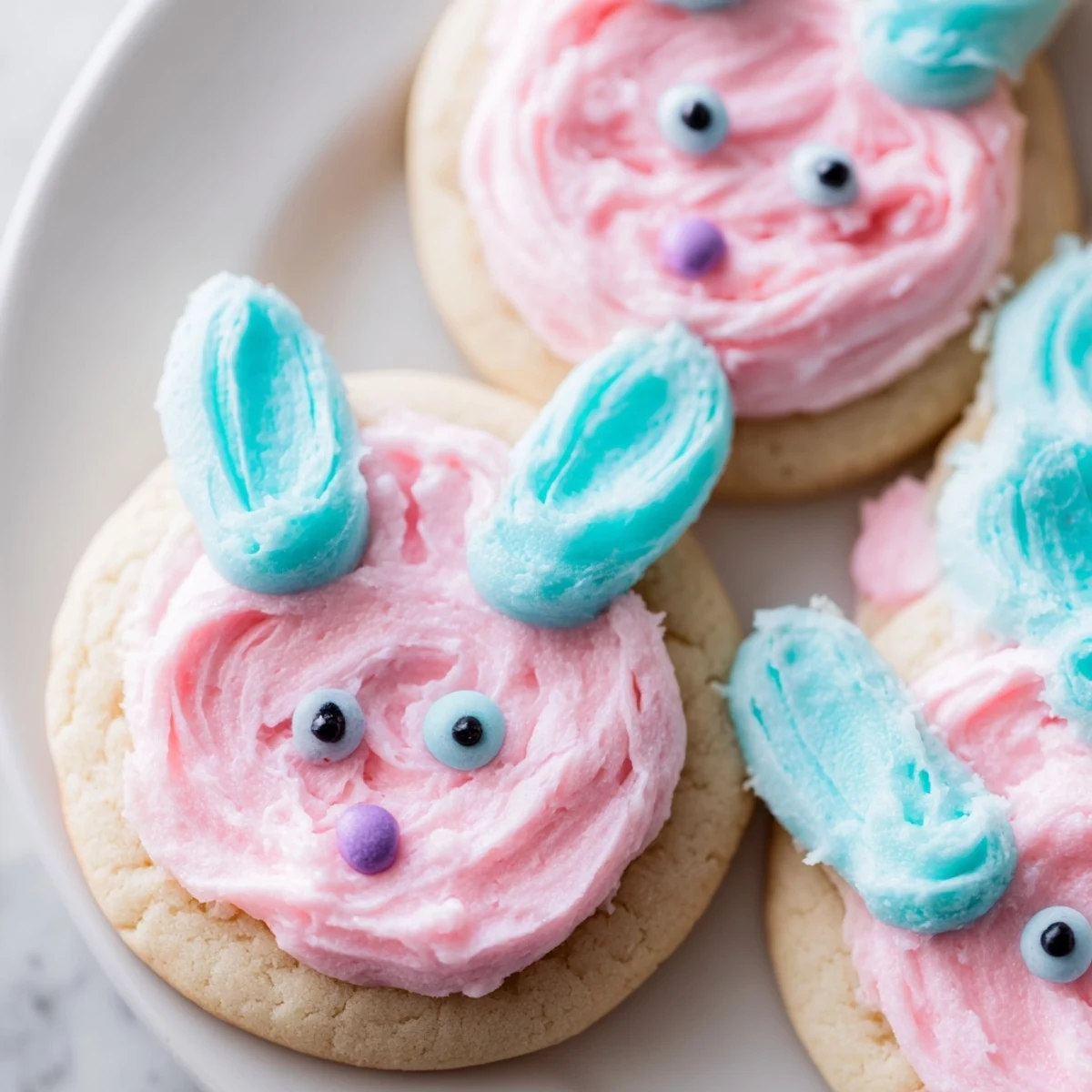 Golden Buttercream Bunny Cookies decorated with candy eyes and pink frosting details