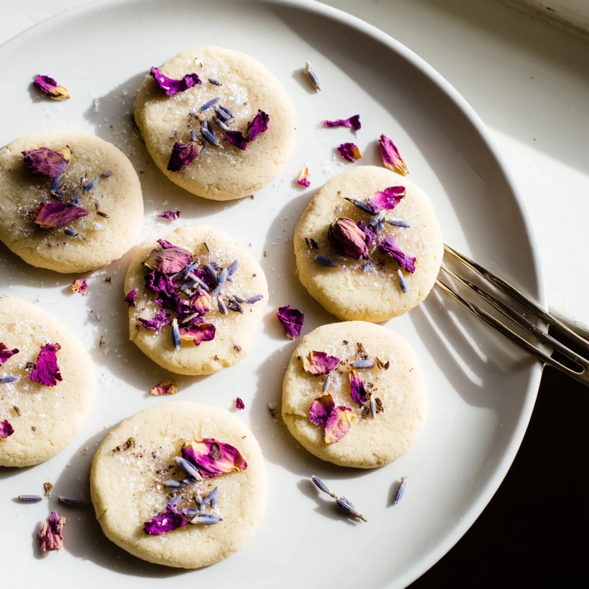 Golden Spring Blossom Cookies topped with colorful edible flowers on a rustic ceramic plate
