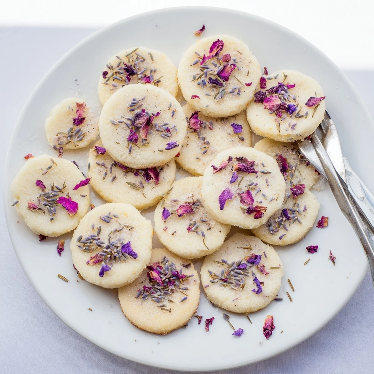 Delicate buttery Spring Blossom Cookies arranged on parchment with lavender and rose petals
