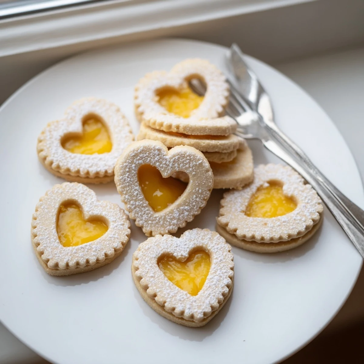 Delicate Meyer Lemon Curd Linzer Cookies with cut-out windows dusted in snowy powdered sugar