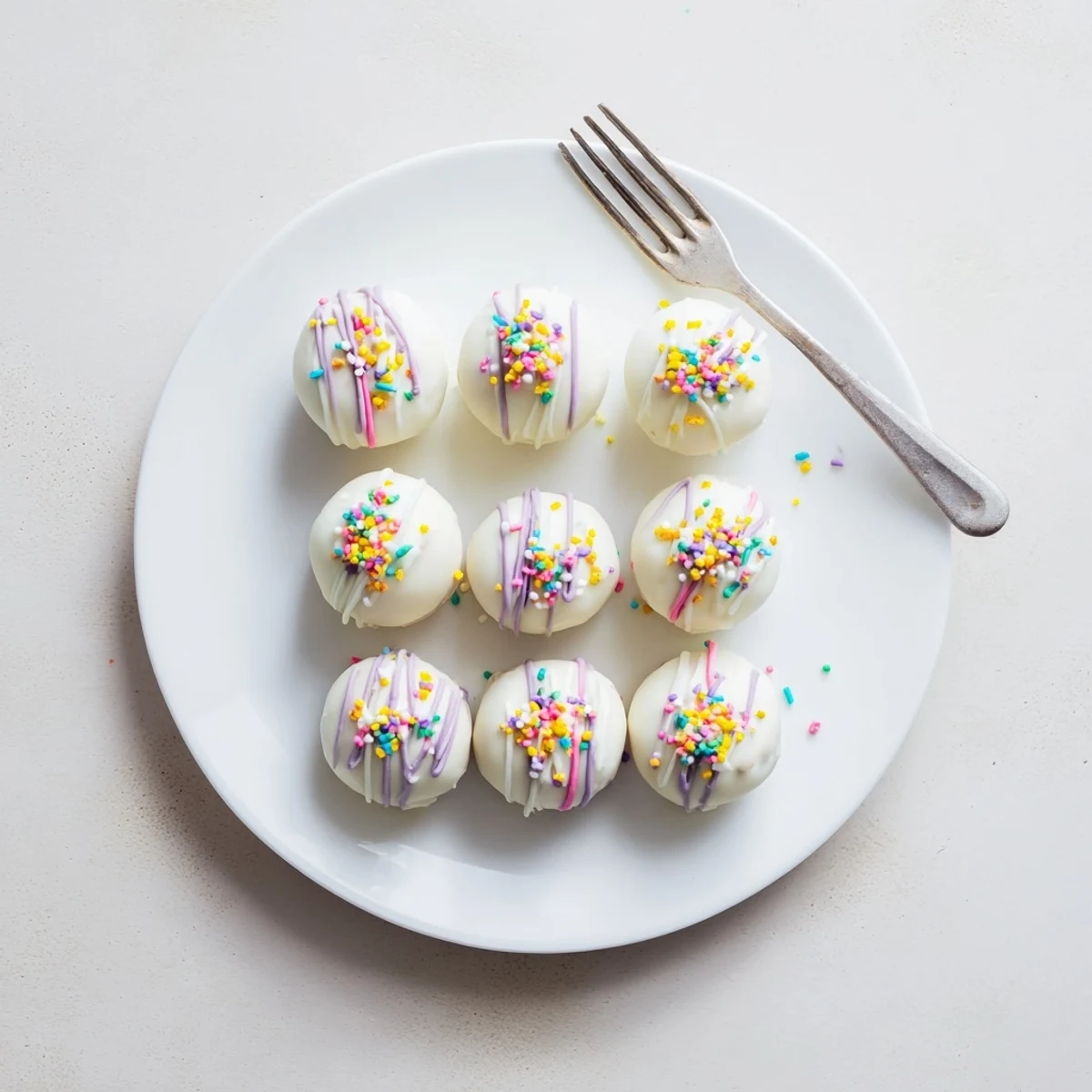 Creamy Banana Pudding Easter Truffles coated in white chocolate with colorful sprinkles
