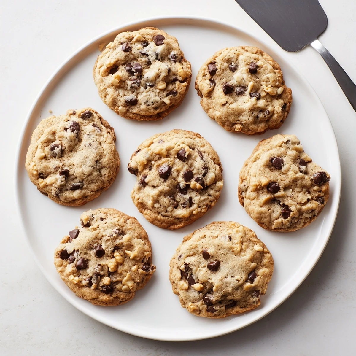 Soft nut free chocolate chip cookies with golden edges on a rustic wooden board