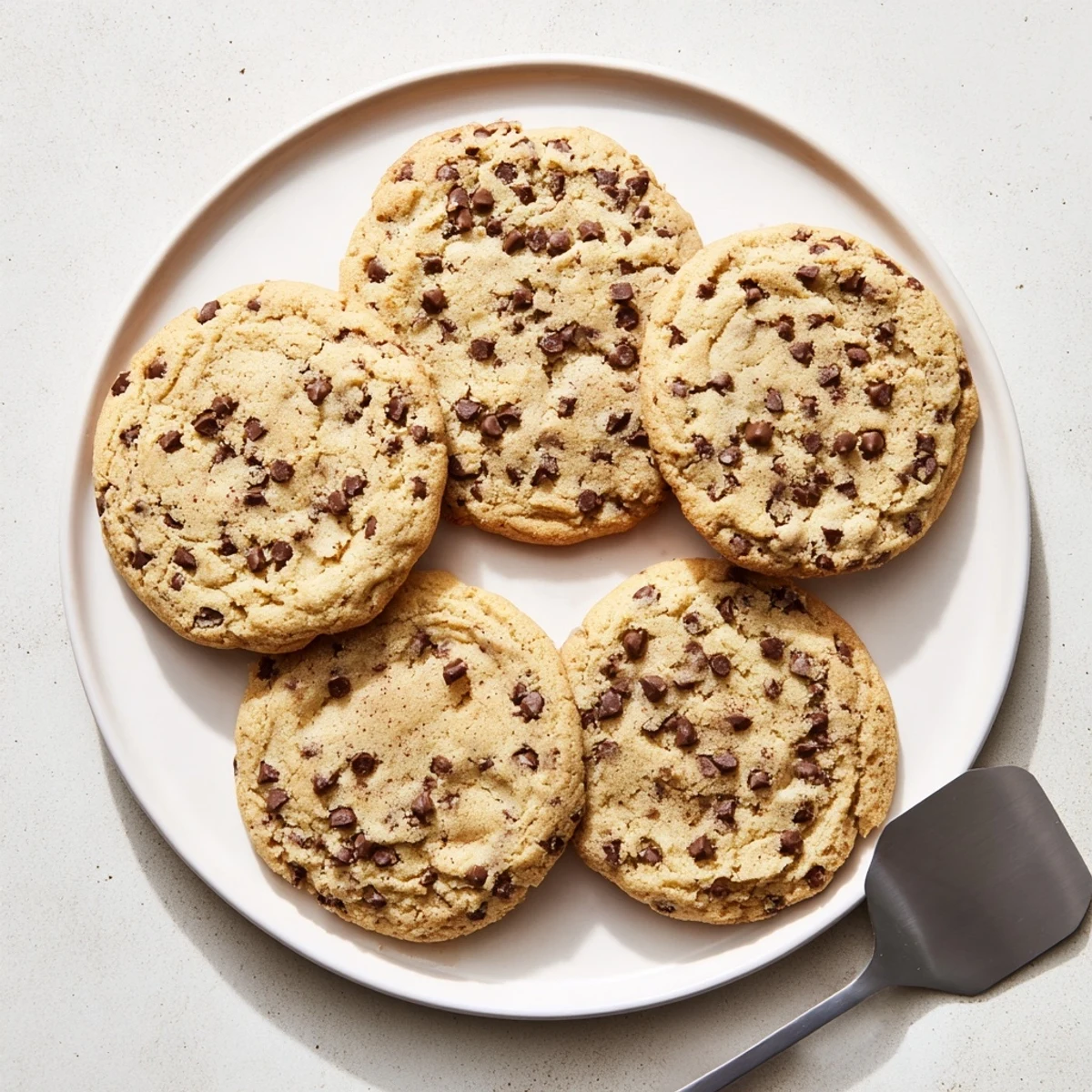 Freshly baked nut free chocolate chip cookies stacked with melting chocolate chips visible