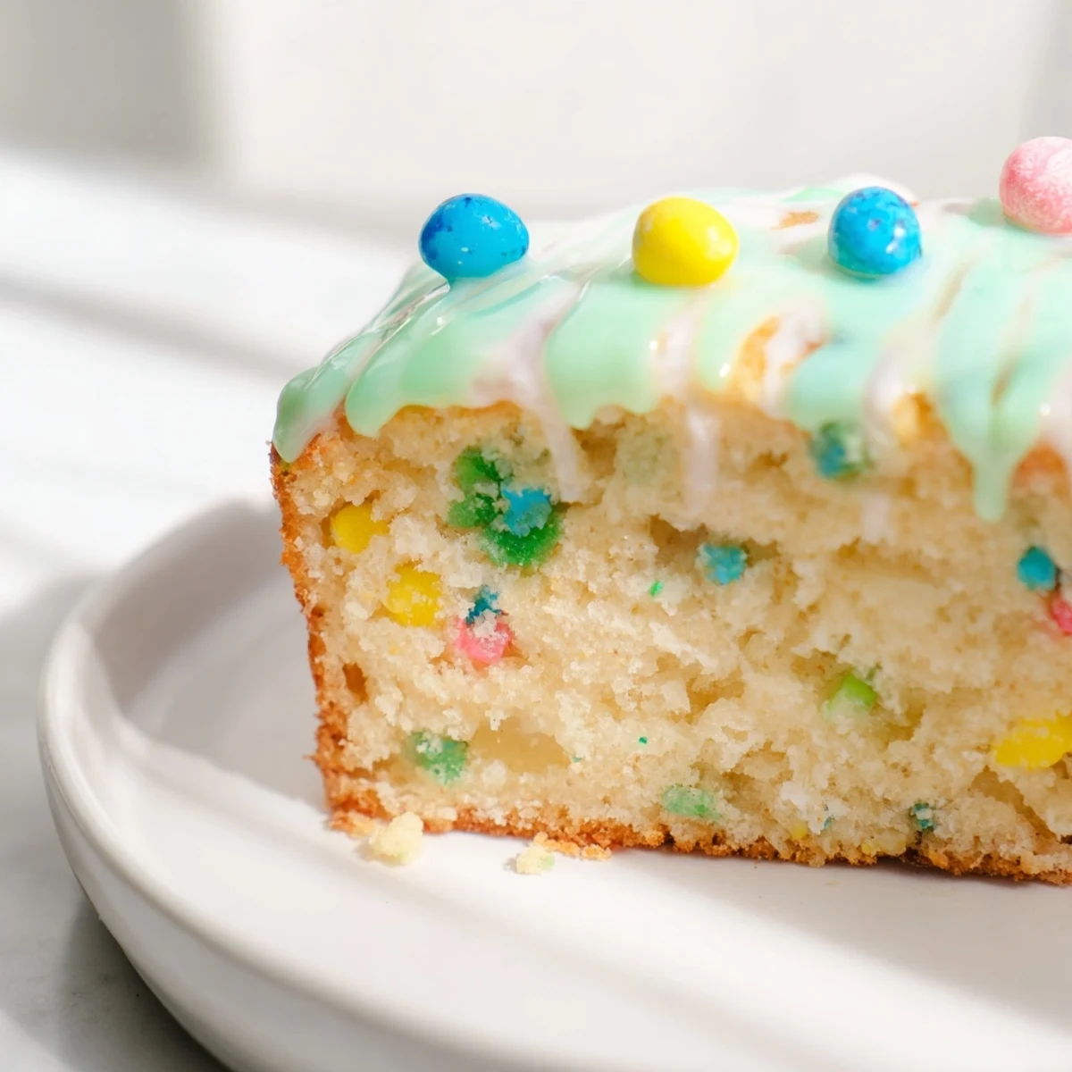 Soft robin egg snack cake topped with pastel glaze and speckled candy eggs