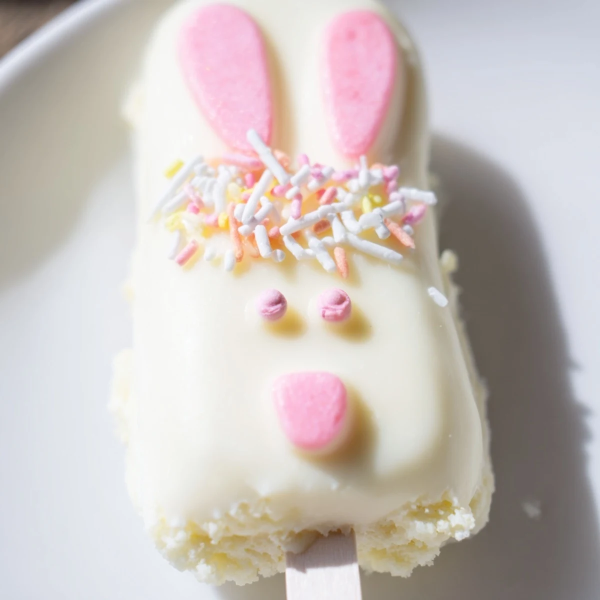 Adorable white chocolate bunny cakesicles with candy eyes on a festive Easter dessert tray