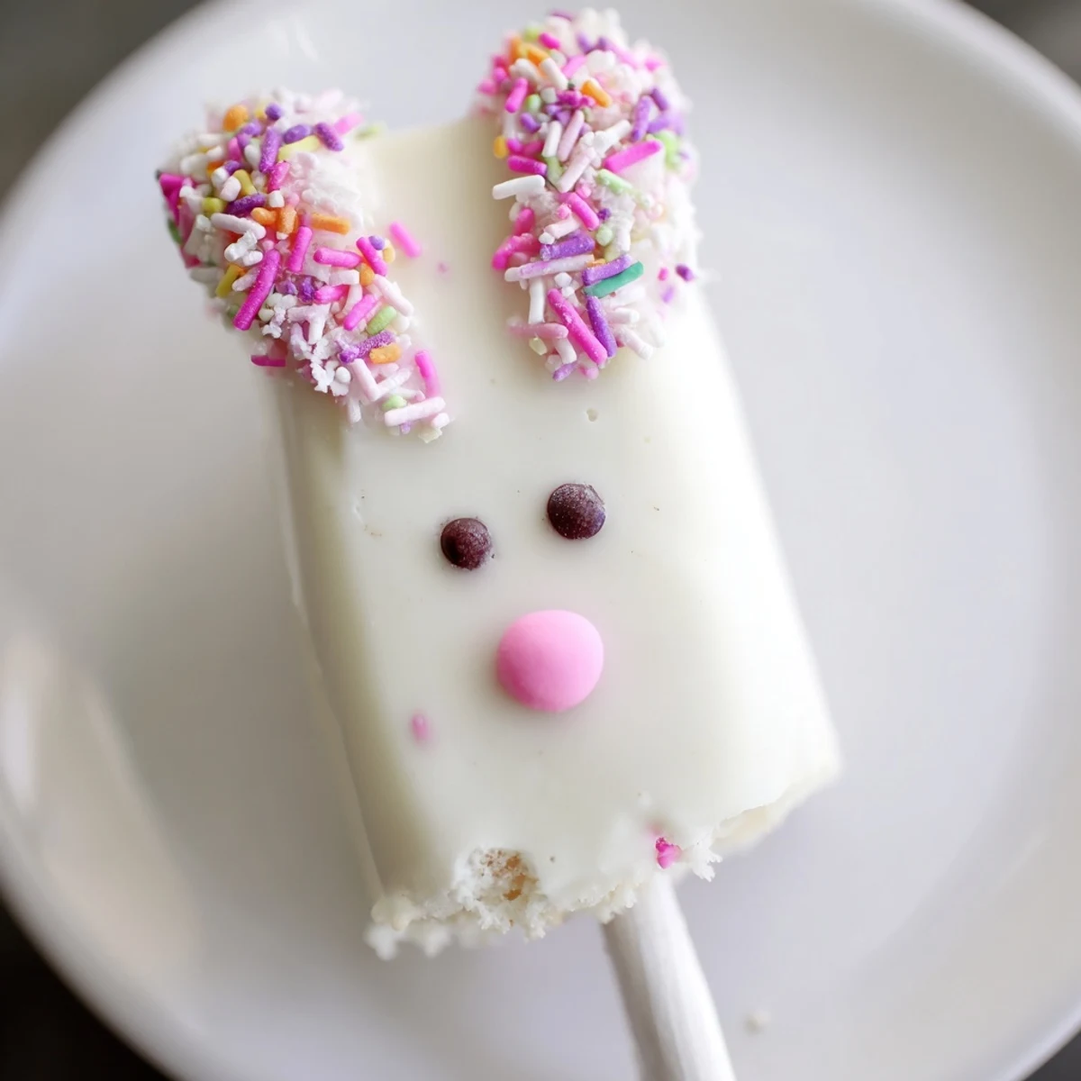 Creamy white chocolate bunny cakesicles decorated with pink ears and colorful spring sprinkles