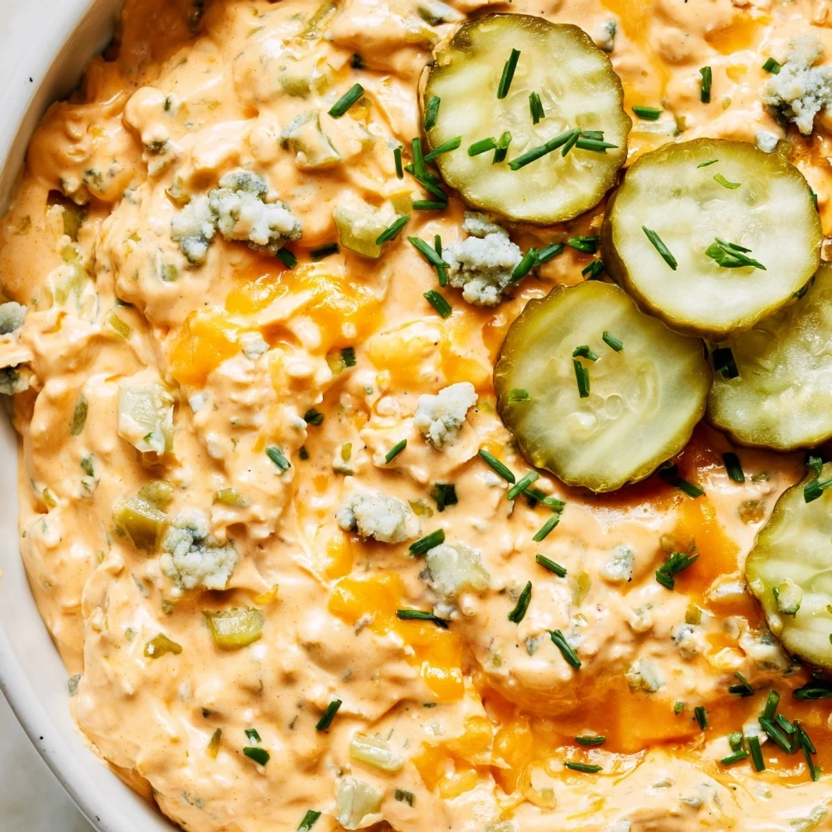 Creamy buffalo pickle dip in a serving bowl with chips and fresh chives sprinkled on top