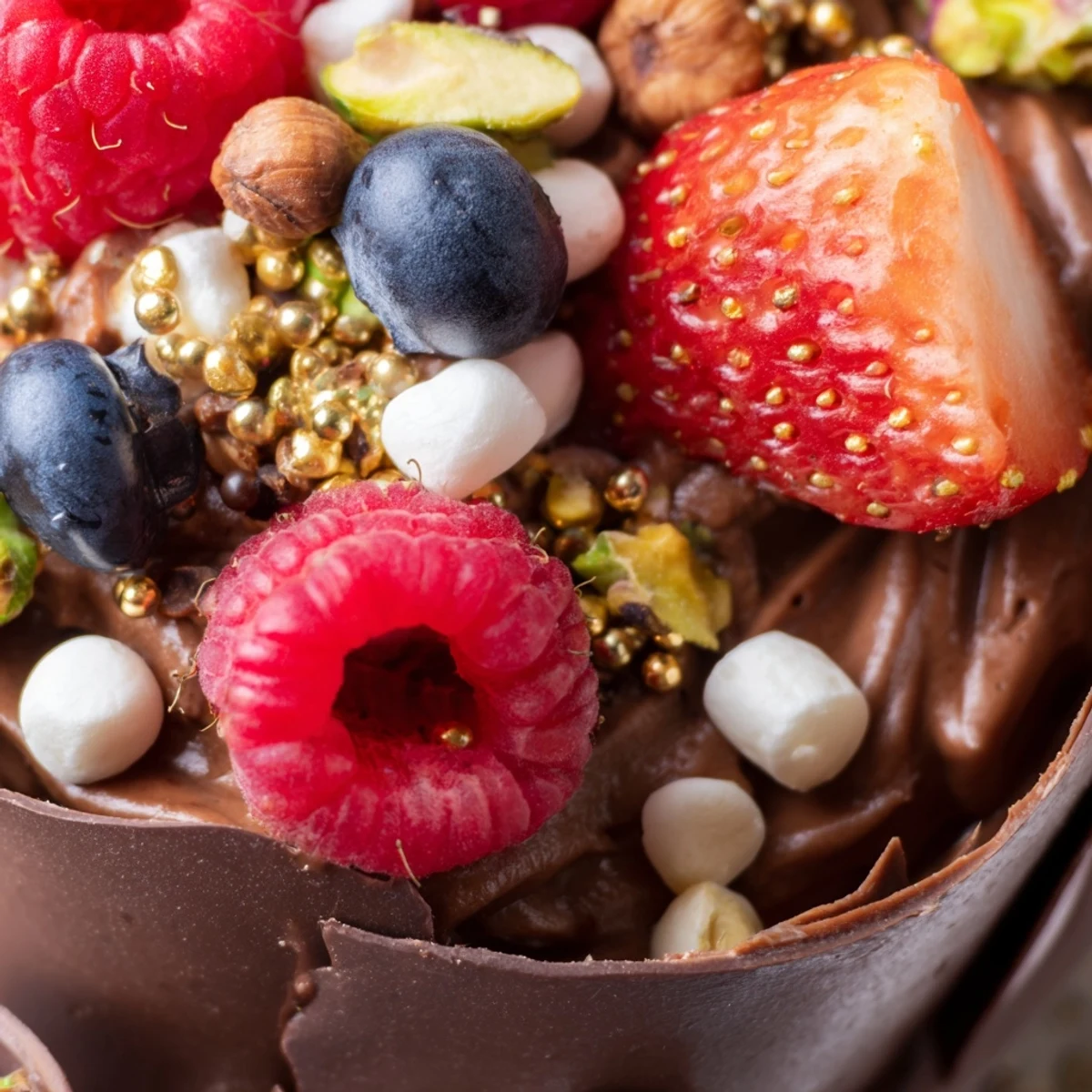 Chocolate grazing cups filled with silky mousse and topped with fresh berries and nuts