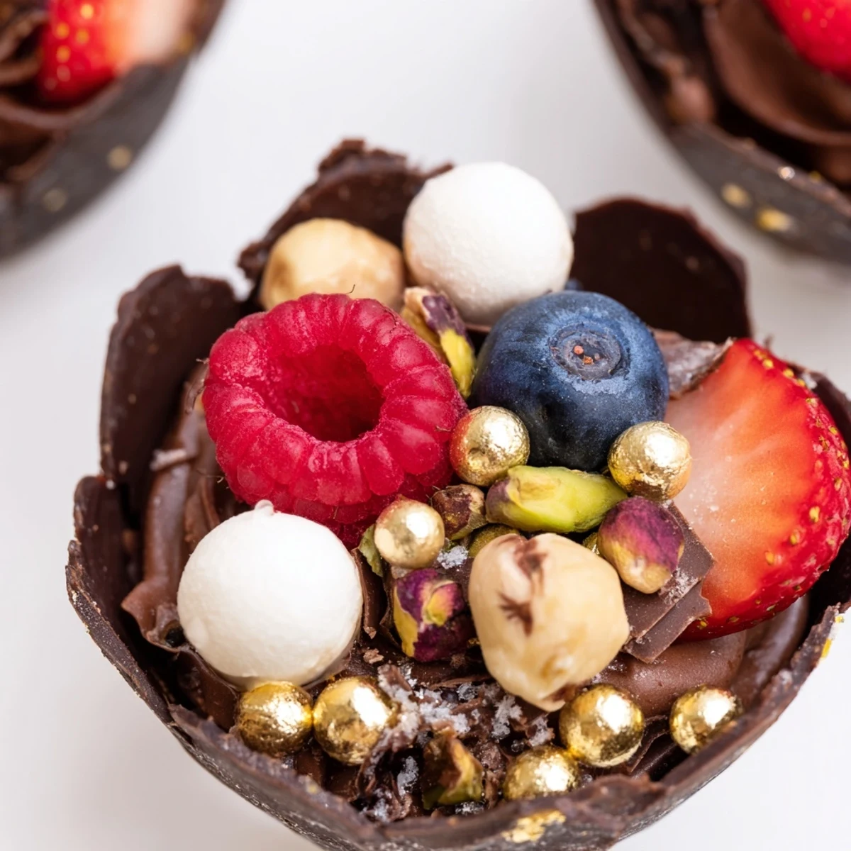 Dark chocolate cups hold creamy mousse topped with vibrant berries and crunchy nuts