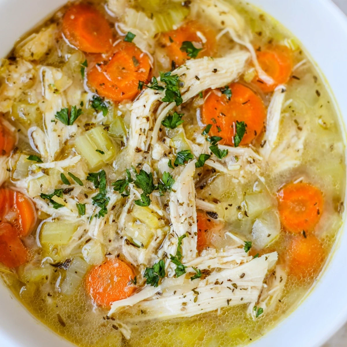 Warm Crockpot lemon chicken soup in a white bowl with fresh parsley garnish