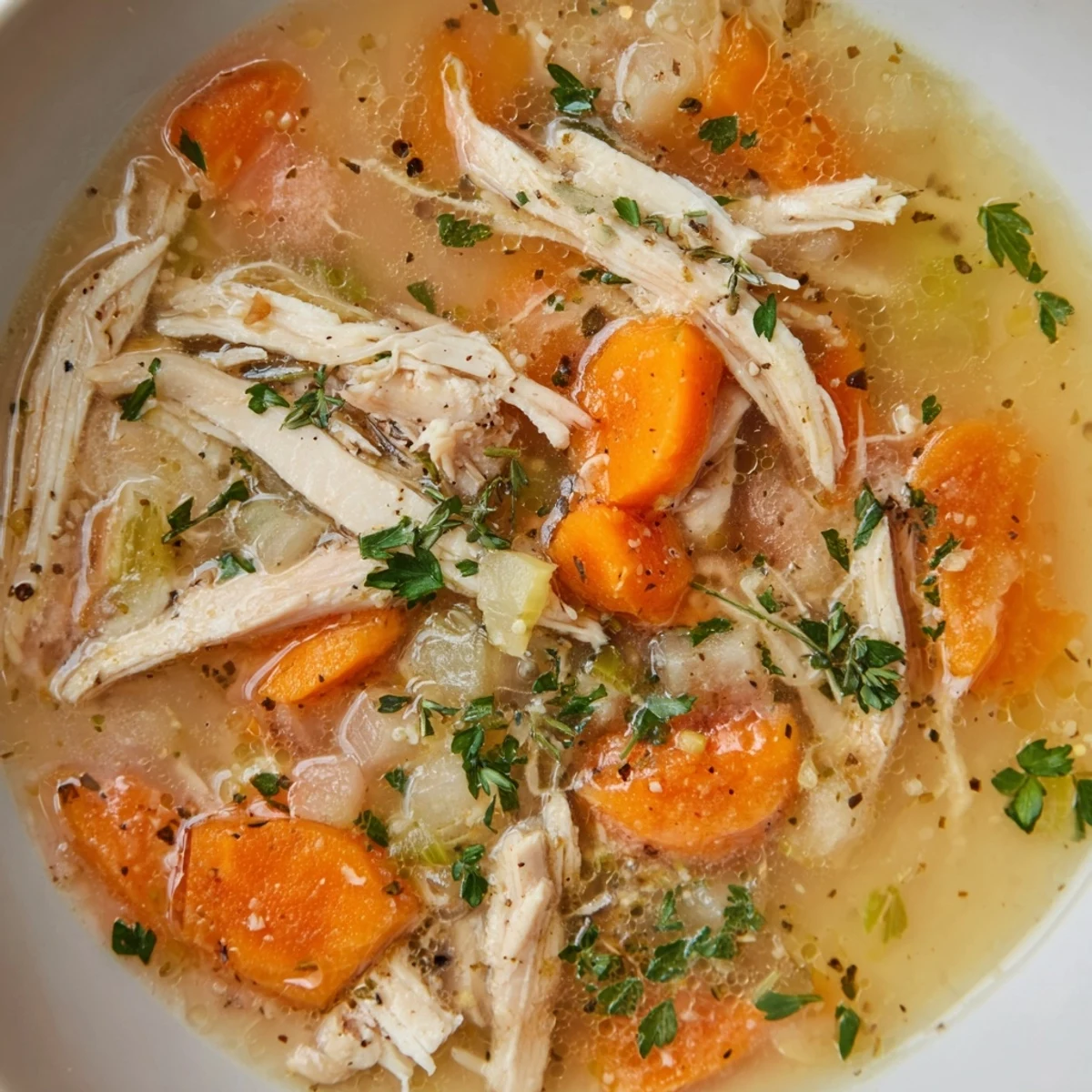 Golden chicken soup with bright lemon slices and tender vegetables in slow cooker
