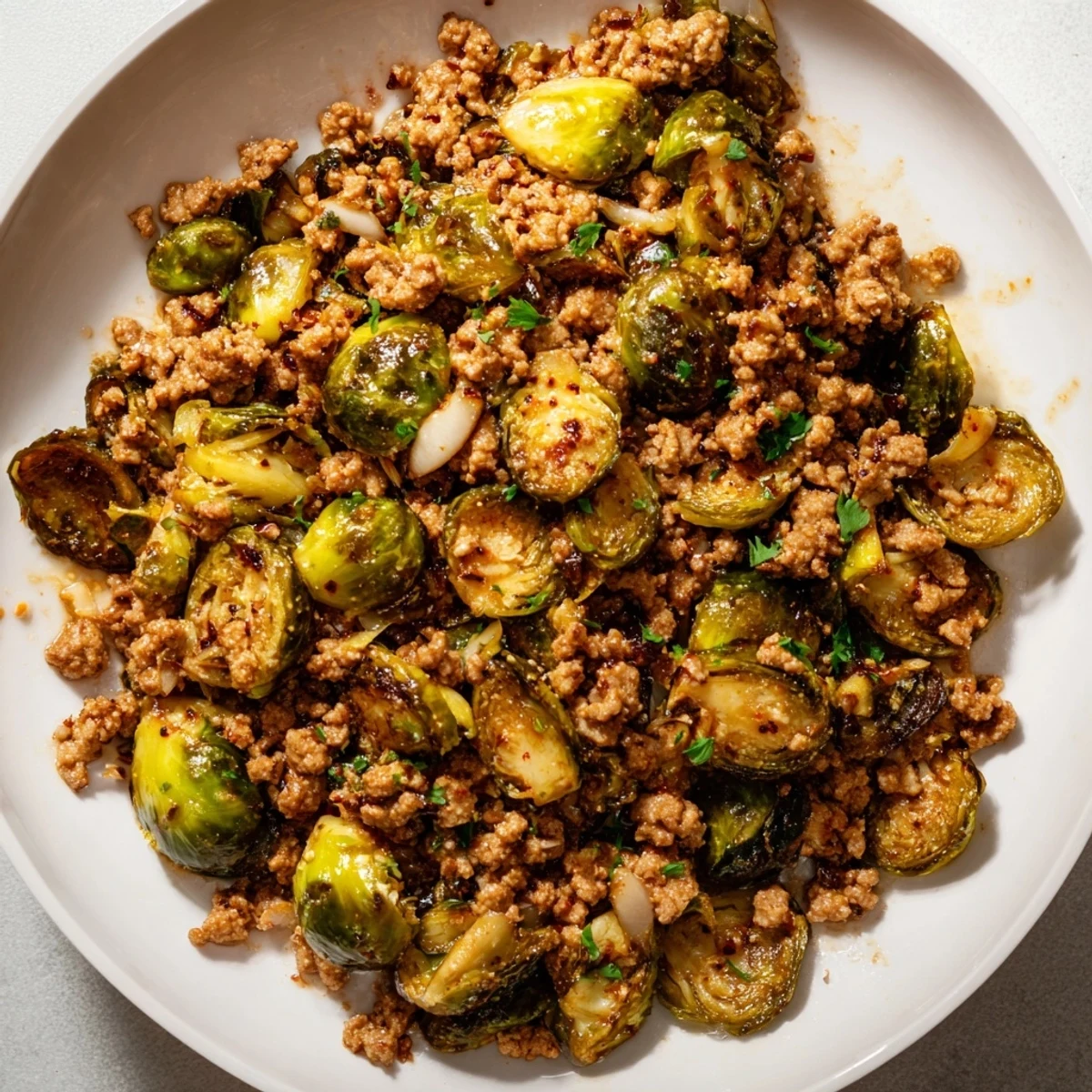 Golden skillet Ground Beef Brussels Sprouts with caramelized edges and savory seasonings in cast iron pan