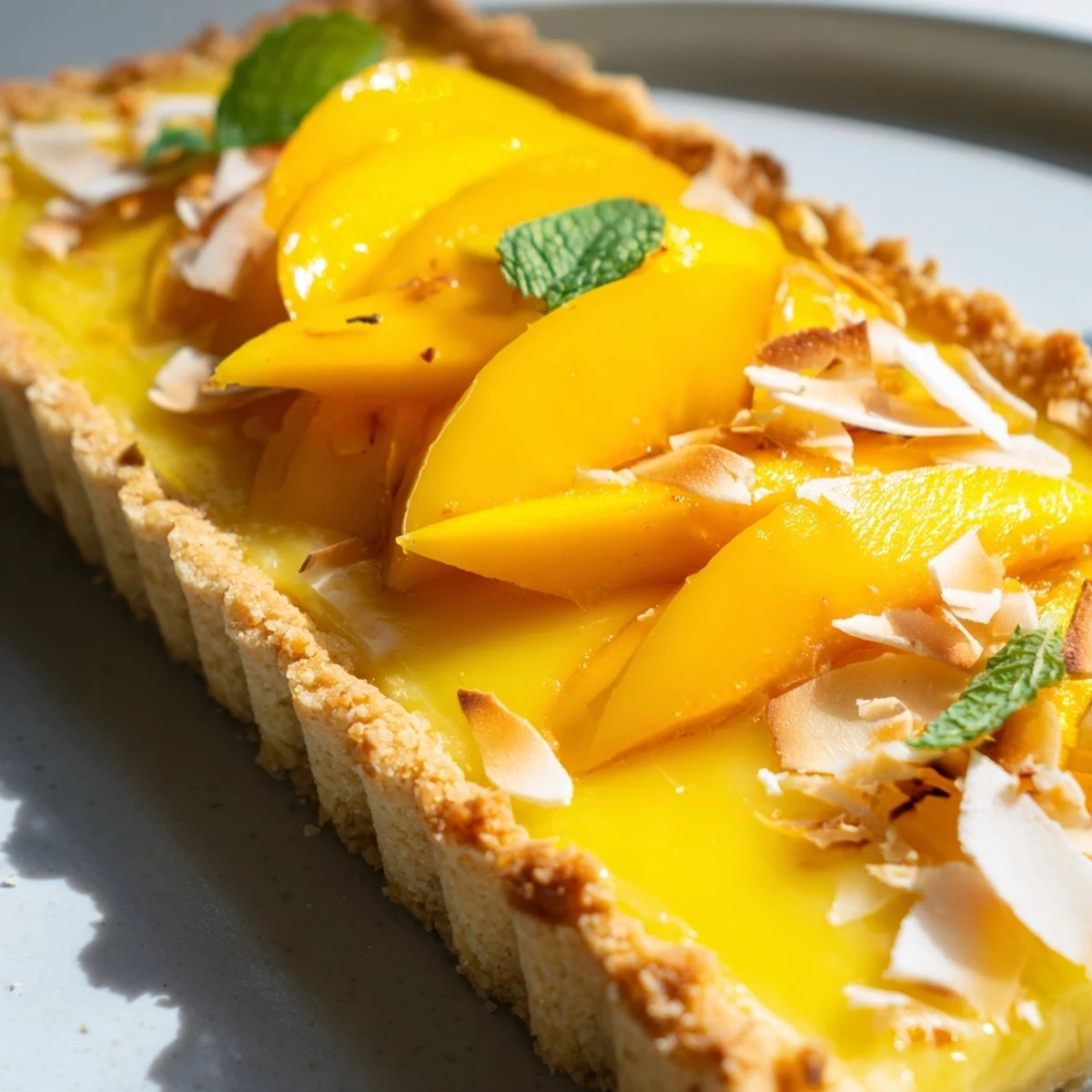 Golden mango curd tart topped with fresh mango slices and toasted coconut flakes