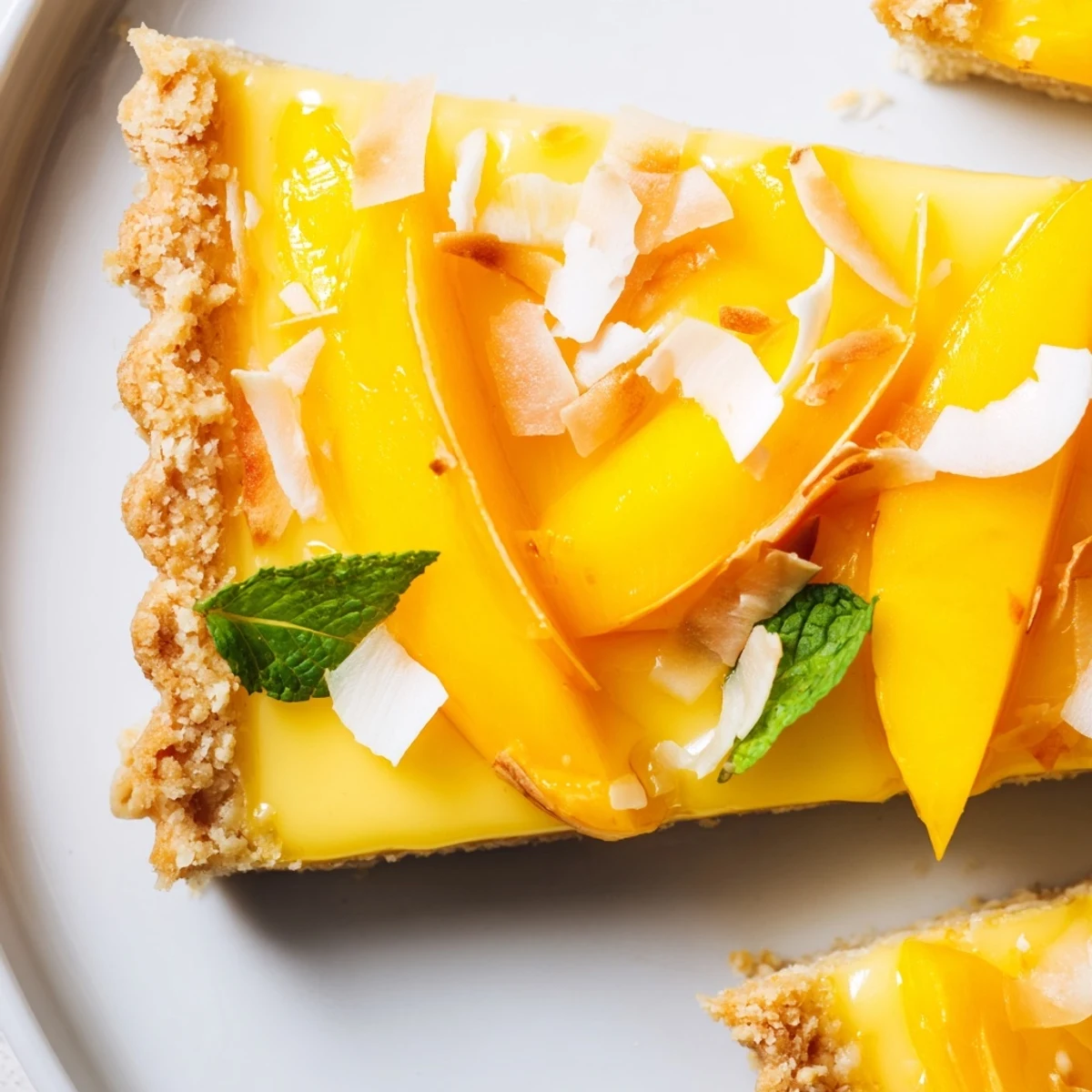 Silky mango curd tart in buttery golden crust garnished with vibrant mint leaves