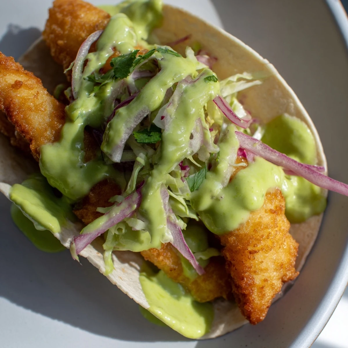 Golden crispy Baja fish tacos topped with fresh cabbage slaw and creamy avocado crema