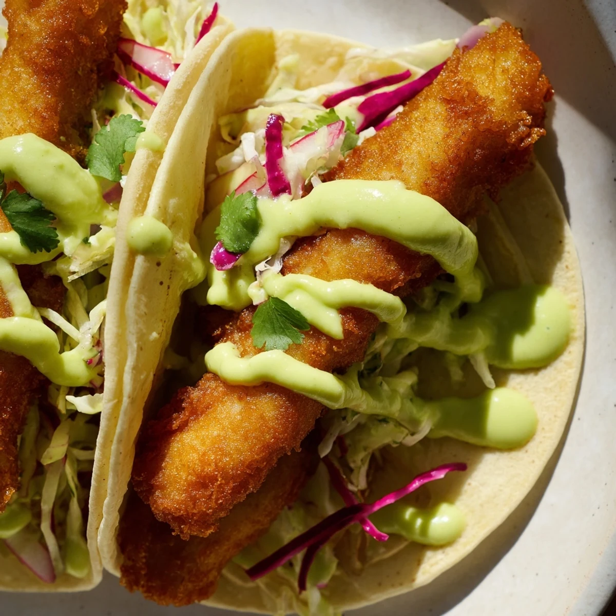 Baja fish tacos in warm corn tortillas drizzled with tangy green avocado sauce
