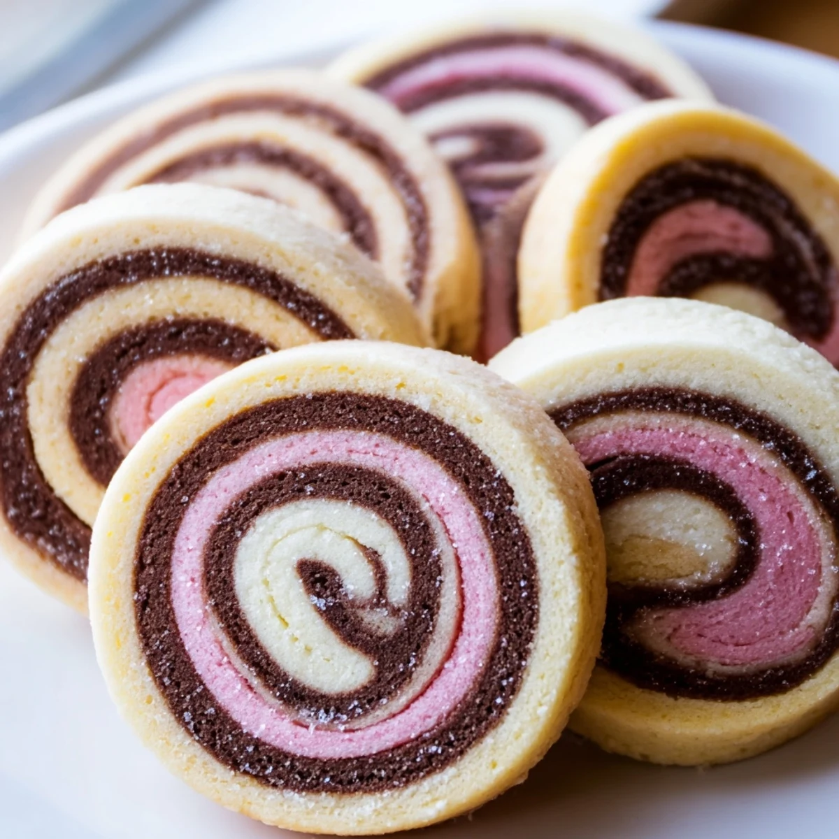 Neapolitan Swirl Cookies with pink chocolate and vanilla spirals on a rustic baking sheet