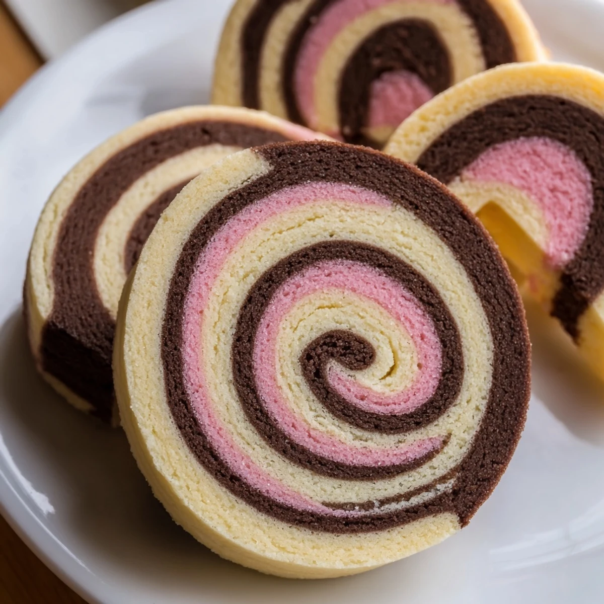 Colorful Neapolitan Swirl Cookies showcasing tri-color pinwheel slices arranged on a white ceramic plate
