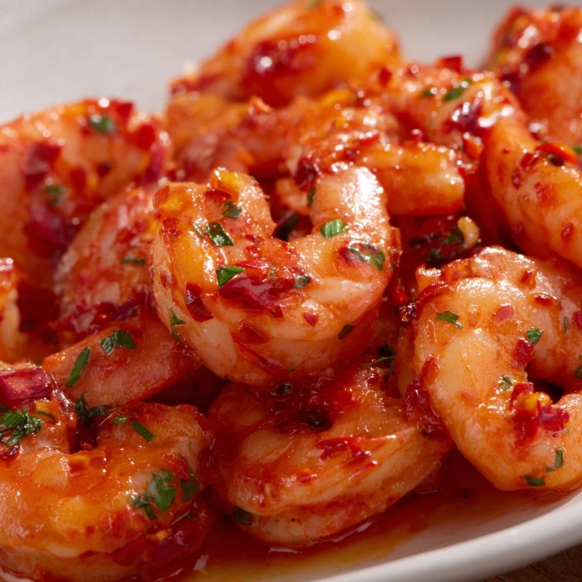 Golden garlic paprika shrimp skillet garnished with fresh parsley and bright lemon wedges