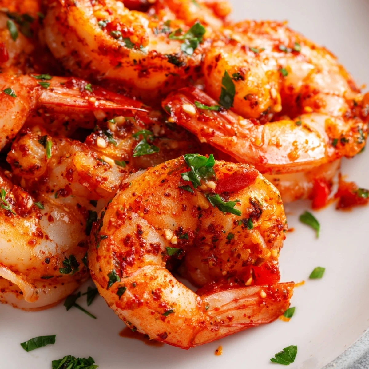 Sizzling garlic paprika shrimp skillet with pink succulent shrimp in rich smoky spices