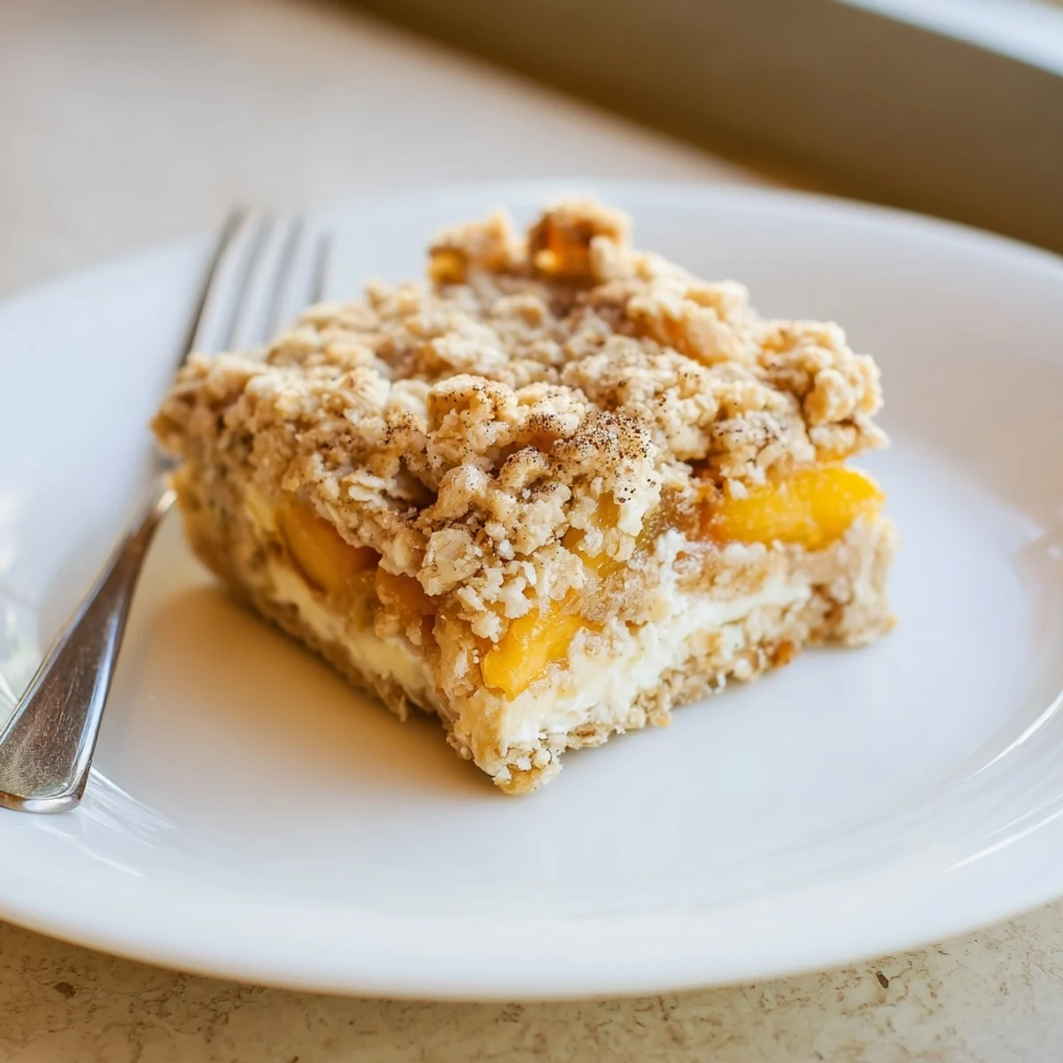 Golden Peaches and Cream Crumble Bars sliced and ready for a summer picnic treat