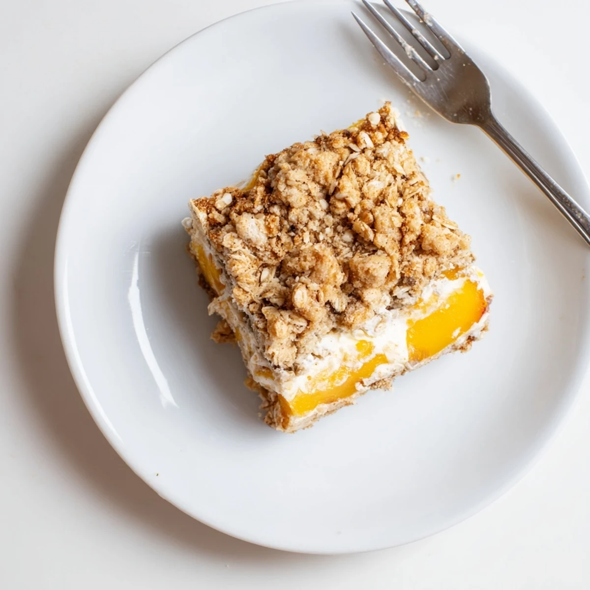 Buttery oat crust cradles sweet peaches and cream in these crumble bars