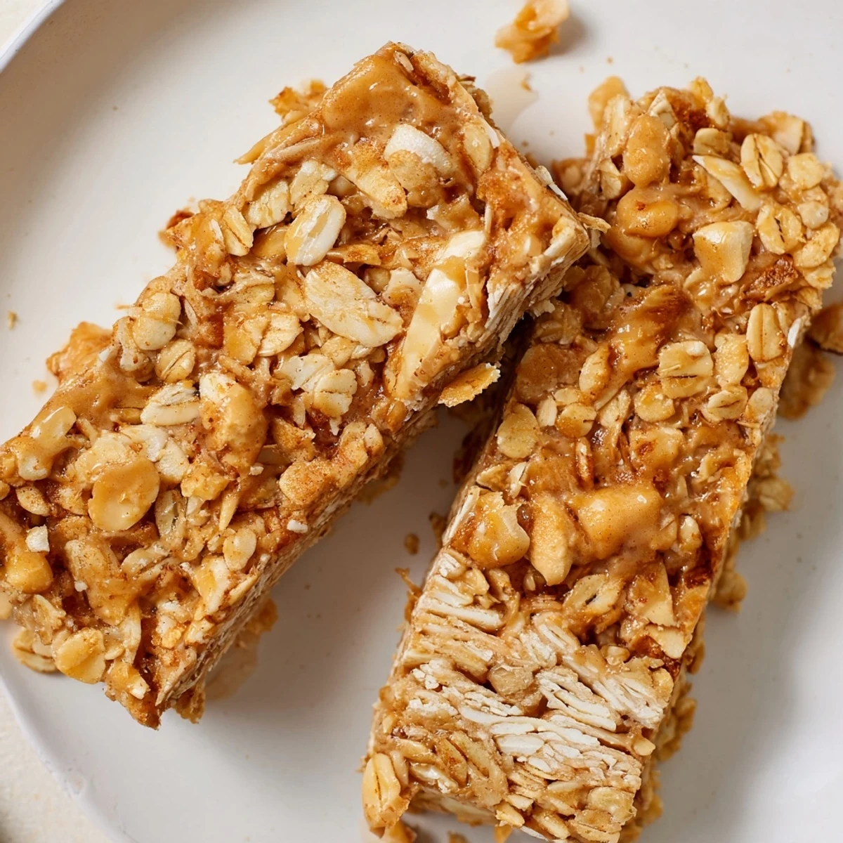 Chewy no bake apple peanut butter granola bars topped with visible oats and dried apple pieces