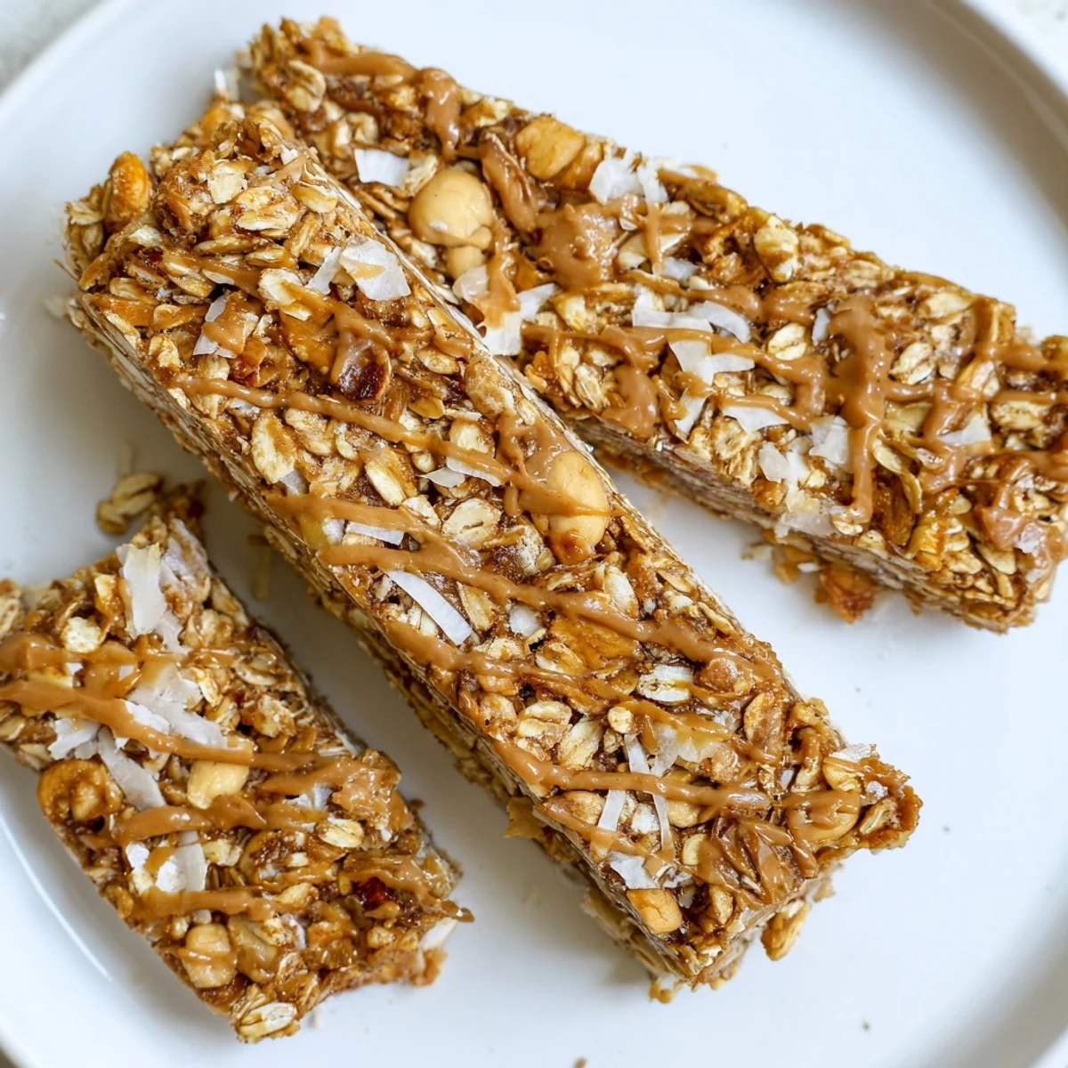 Thick no bake apple peanut butter granola bars sliced and arranged on a rustic cutting board