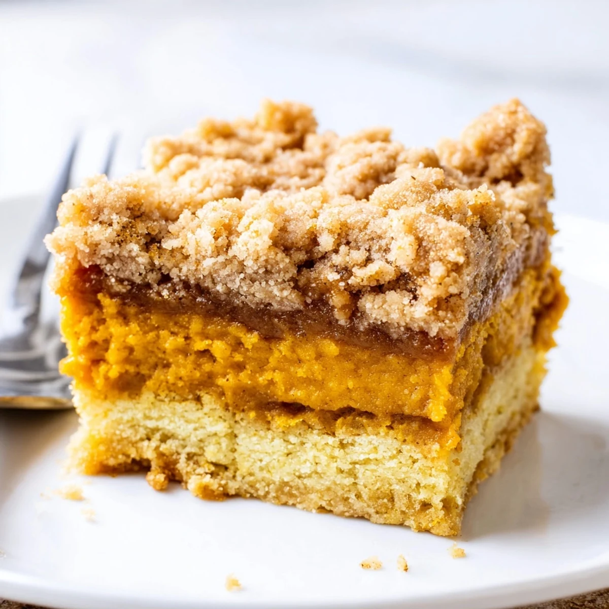 Golden brown sugar maple pumpkin butter bars with crumbly streusel topping on a rustic plate