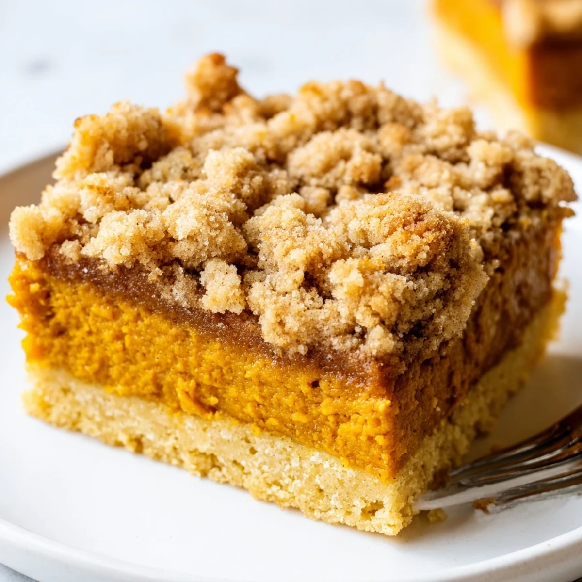 Creamy pumpkin butter bars drizzled with maple syrup cut into neat squares