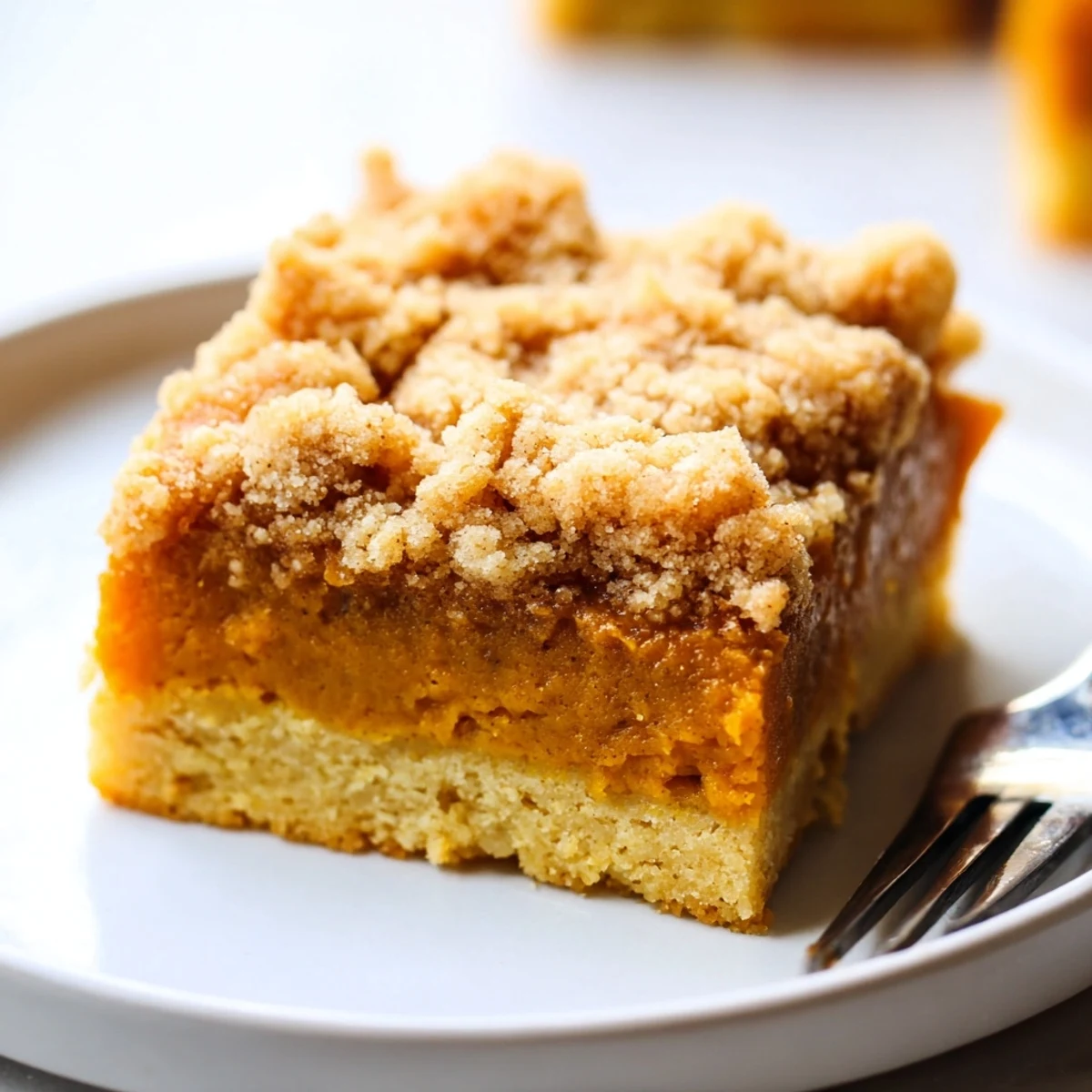 Warm brown sugar maple pumpkin butter bars fresh from the oven with spiced streusel
