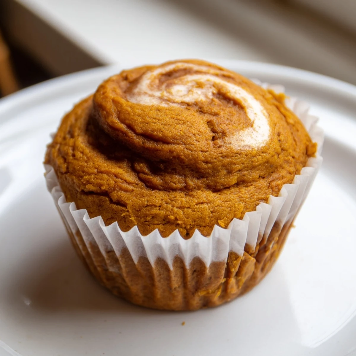 Golden chai pumpkin cheesecake muffins with a creamy swirled top fresh from the oven