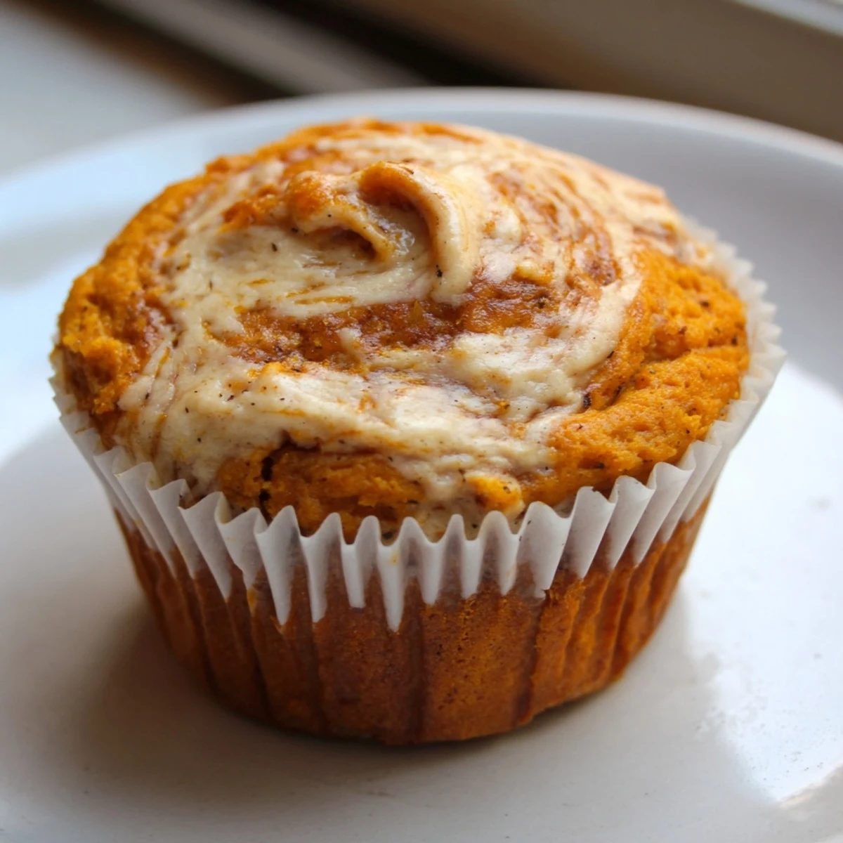 Warm chai pumpkin cheesecake muffins nestled in paper liners showing spiced cream cheese swirls
