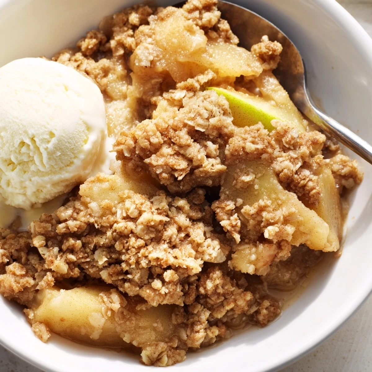 Warm crockpot apple crisp with tender cinnamon apples and golden oat topping served in a rustic dish