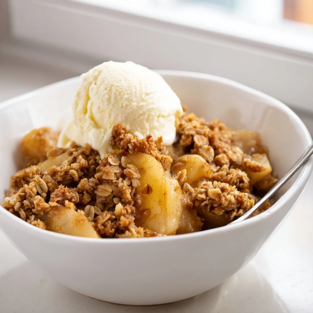 Golden brown crockpot apple crisp in a slow cooker with bubbling spiced apples and crispy oat streusel