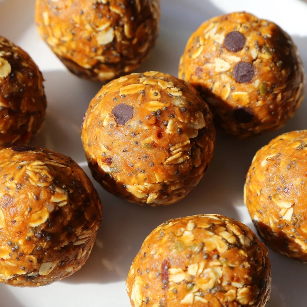Creamy no bake pumpkin protein balls rolled and chilled, served in a ceramic bowl